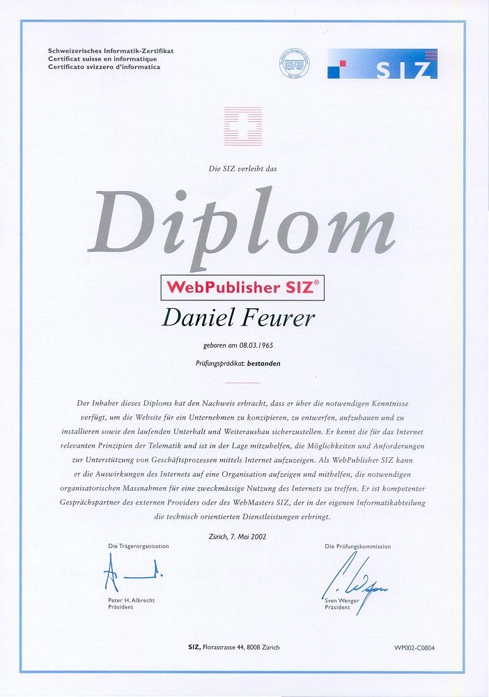 Diplom WebPublisher SIZ von Daniel Feurer.